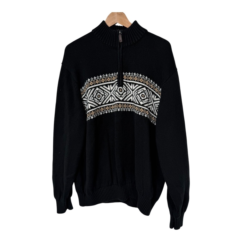 IZOD Mens XXL Black Fair Isle Quarter Zip Mock Neck Cotton Blend Sweater